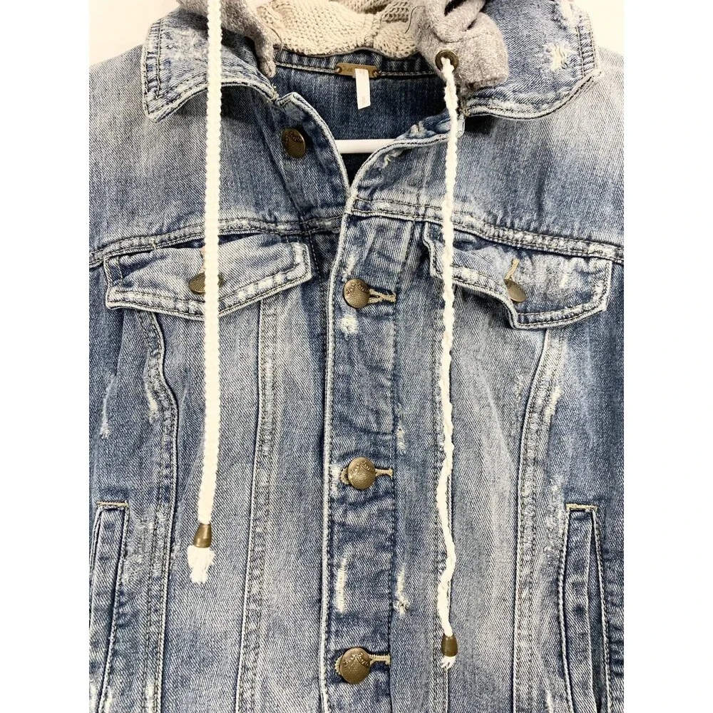 Free People Blue Denim Jacket XS X Small 17” Sweat Hoodie Sleeves Distressed